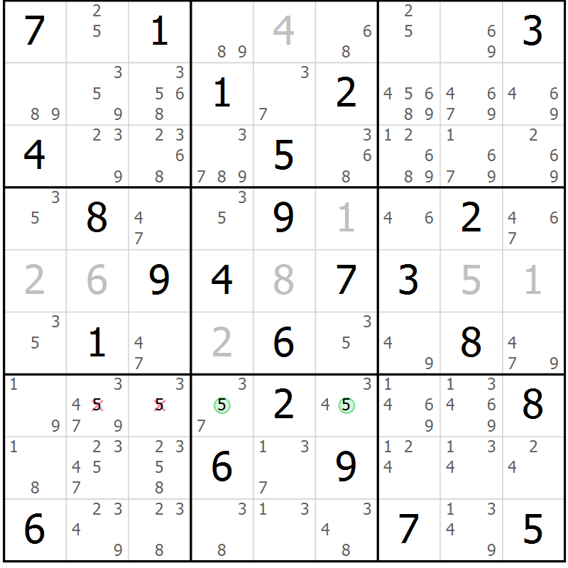 Position des candidats pour la solution de la Gr 69 page 72 du magazine de sudoku Virtuose n° 114