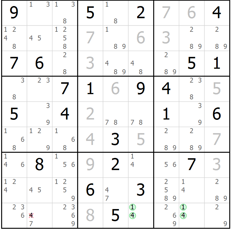 Position des candidats pour la solution de la Gr 70 page 73 du magazine de sudoku Virtuose n° 114