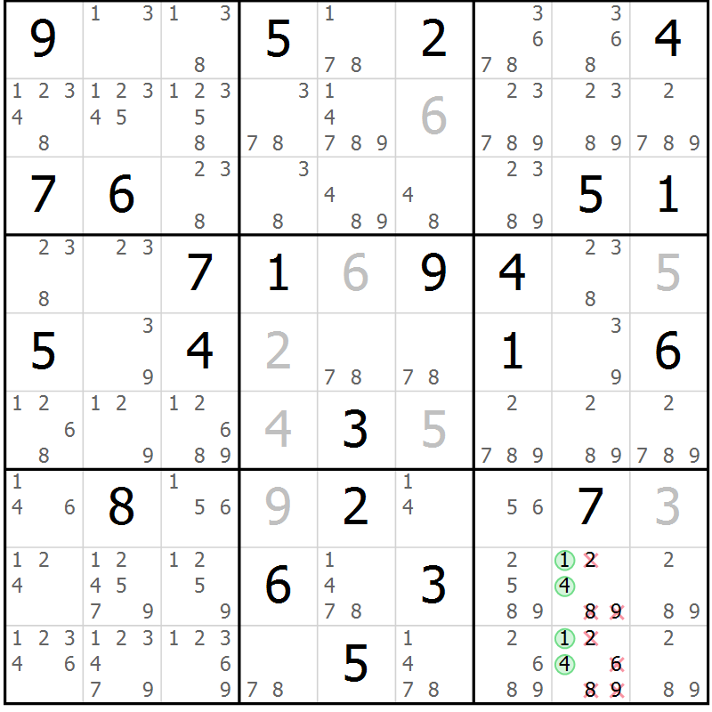Position des candidats pour la solution de la Gr 70 page 73 du magazine de sudoku Virtuose n° 114