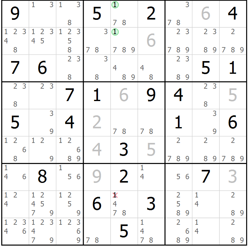Position des candidats pour la solution de la Gr 70 page 73 du magazine de sudoku Virtuose n° 114