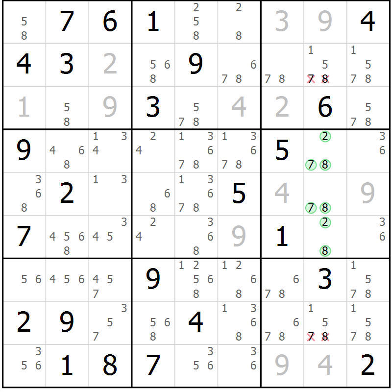 Position des candidats pour la solution de la Gr 71 page 74 du magazine de sudoku Virtuose n° 114