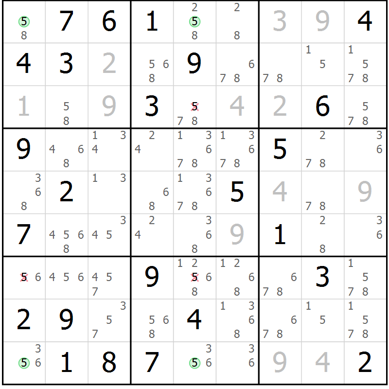 Position des candidats pour la solution de la Gr 71 page 74 du magazine de sudoku Virtuose n° 114