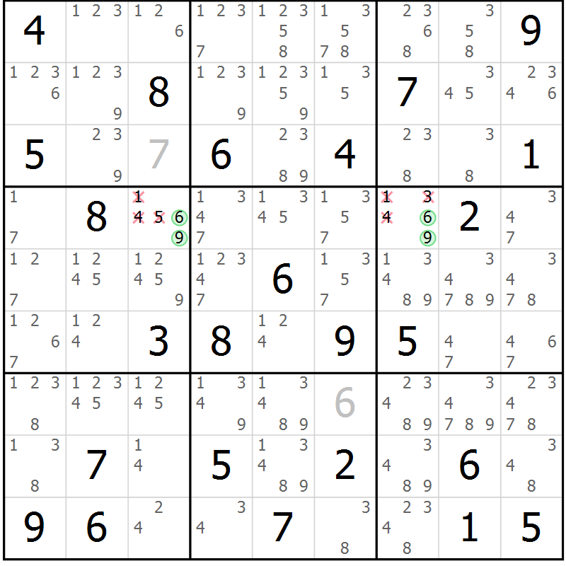 Position des candidats pour la solution de la Gr 74 page 77 du magazine de sudoku Virtuose n° 114