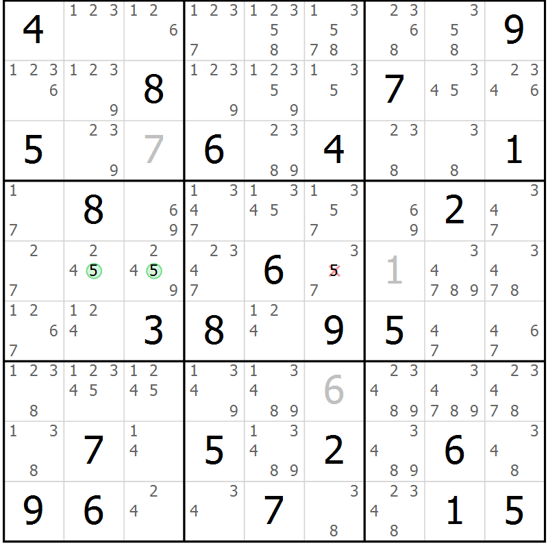 Position des candidats pour la solution de la Gr 74 page 77 du magazine de sudoku Virtuose n° 114