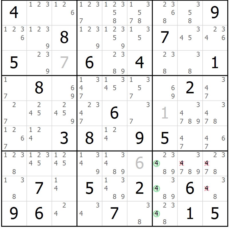 Position des candidats pour la solution de la Gr 74 page 77 du magazine de sudoku Virtuose n° 114
