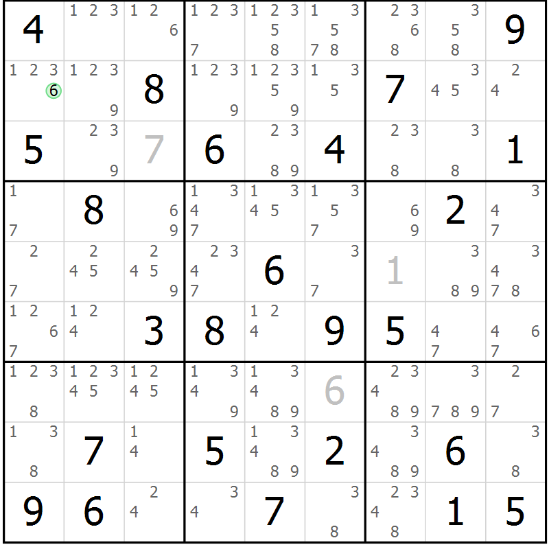 Position des candidats pour la solution de la Gr 74 page 77 du magazine de sudoku Virtuose n° 114