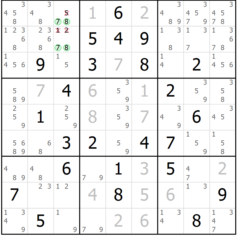 Position des candidats pour la solution de la Gr 75 page 78 du magazine de sudoku Virtuose n° 114