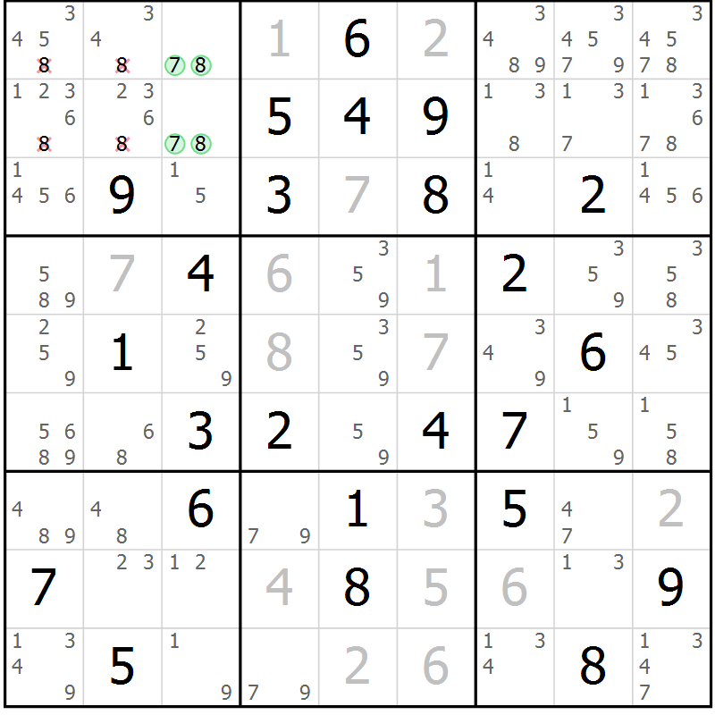 Position des candidats pour la solution de la Gr 75 page 78 du magazine de sudoku Virtuose n° 114