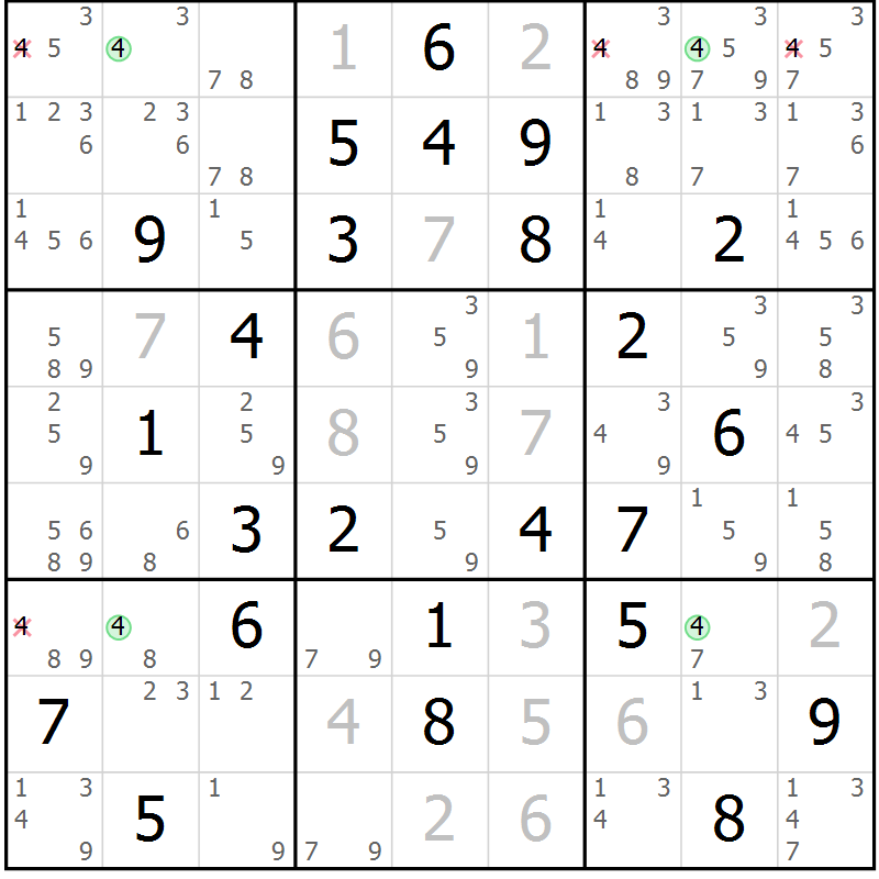 Position des candidats pour la solution de la Gr 75 page 78 du magazine de sudoku Virtuose n° 114