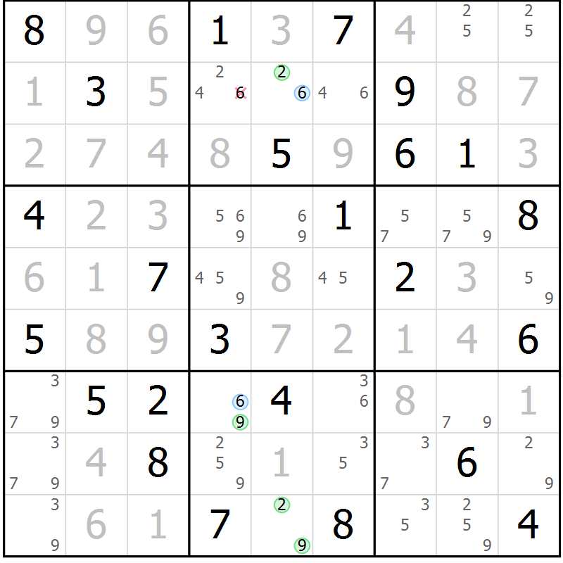 Position des candidats pour la solution de la Gr 76 page 79 du magazine de sudoku Virtuose n° 114
