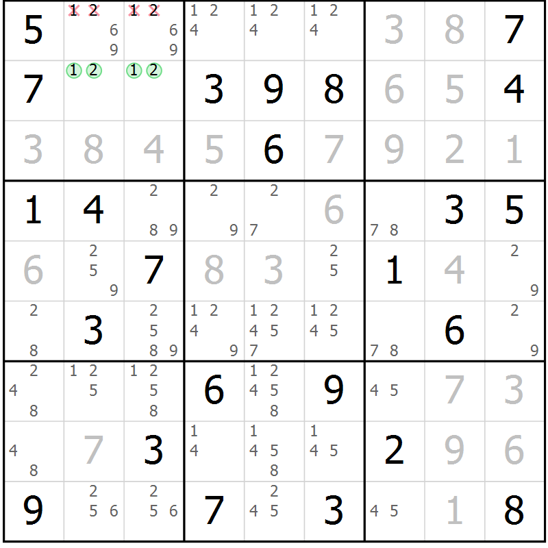 Position des candidats pour la solution de la Gr 77 page 80 du magazine de sudoku Virtuose n° 114