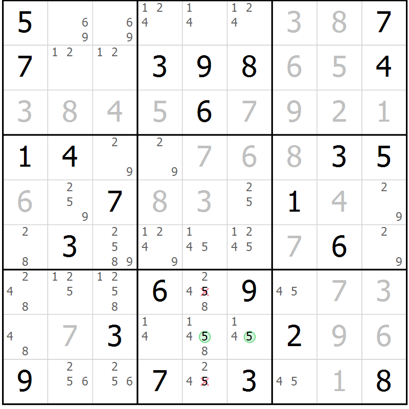 Position des candidats pour la solution de la Gr 77 page 80 du magazine de sudoku Virtuose n° 114
