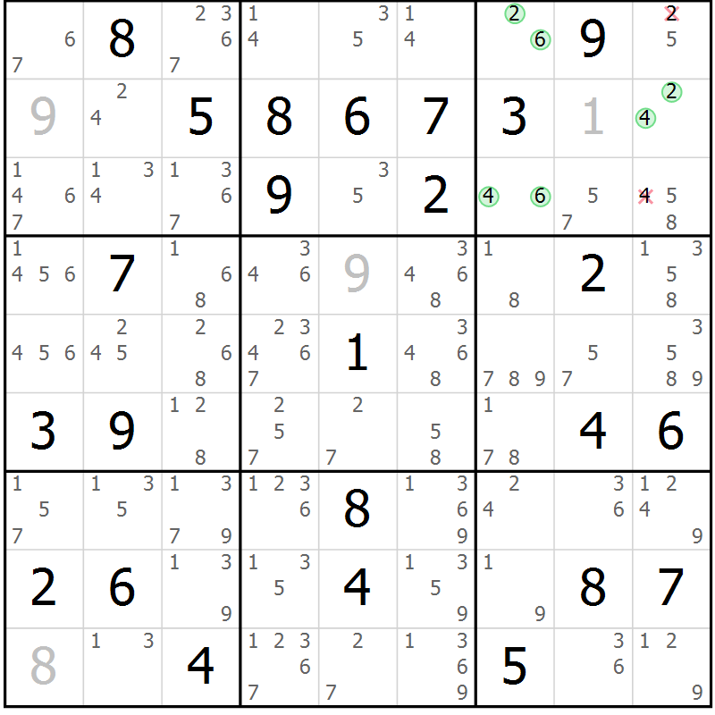 Position des candidats pour la solution de la Gr 79 page 82 du magazine de sudoku Virtuose n° 114
