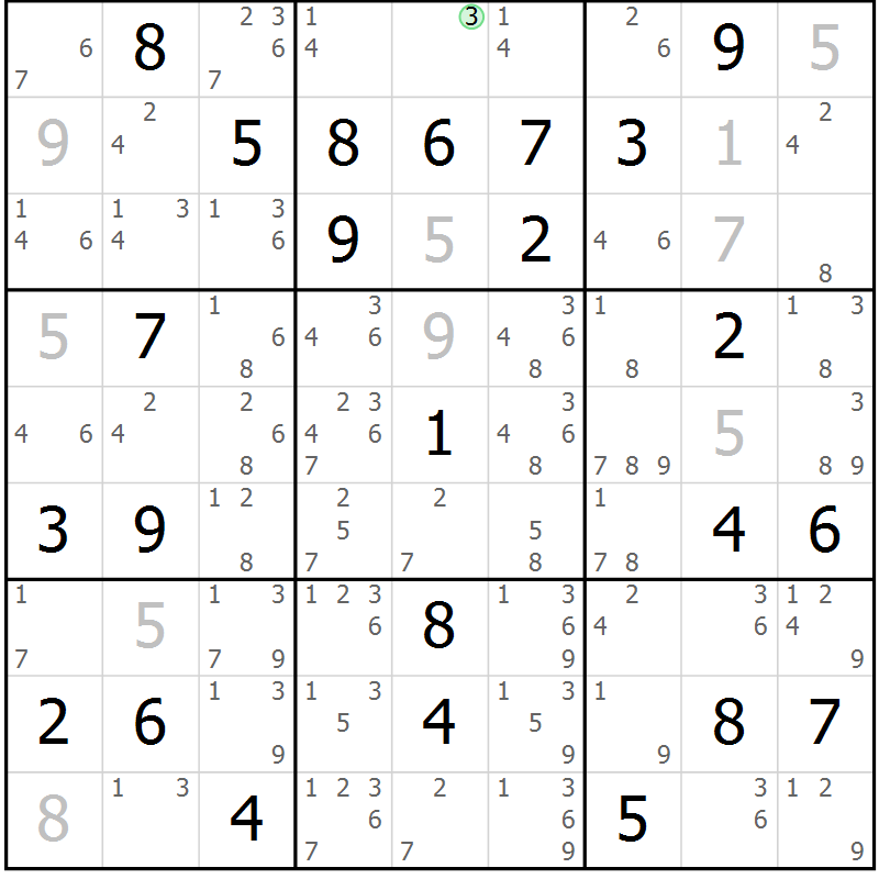 Position des candidats pour la solution de la Gr 79 page 82 du magazine de sudoku Virtuose n° 114