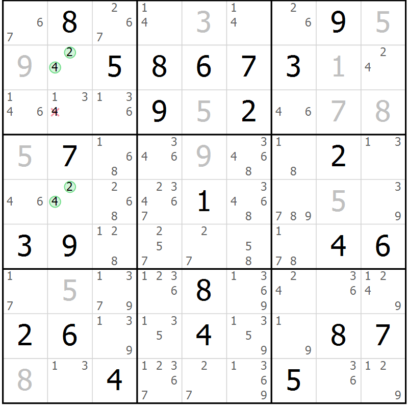Position des candidats pour la solution de la Gr 79 page 82 du magazine de sudoku Virtuose n° 114