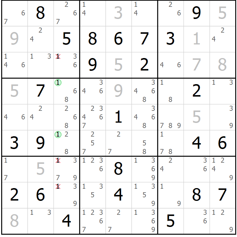 Position des candidats pour la solution de la Gr 79 page 82 du magazine de sudoku Virtuose n° 114