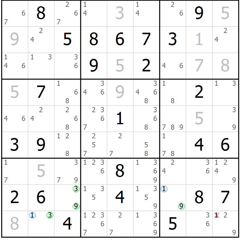 Position des candidats pour la solution de la Gr 79 page 82 du magazine de sudoku Virtuose n° 114