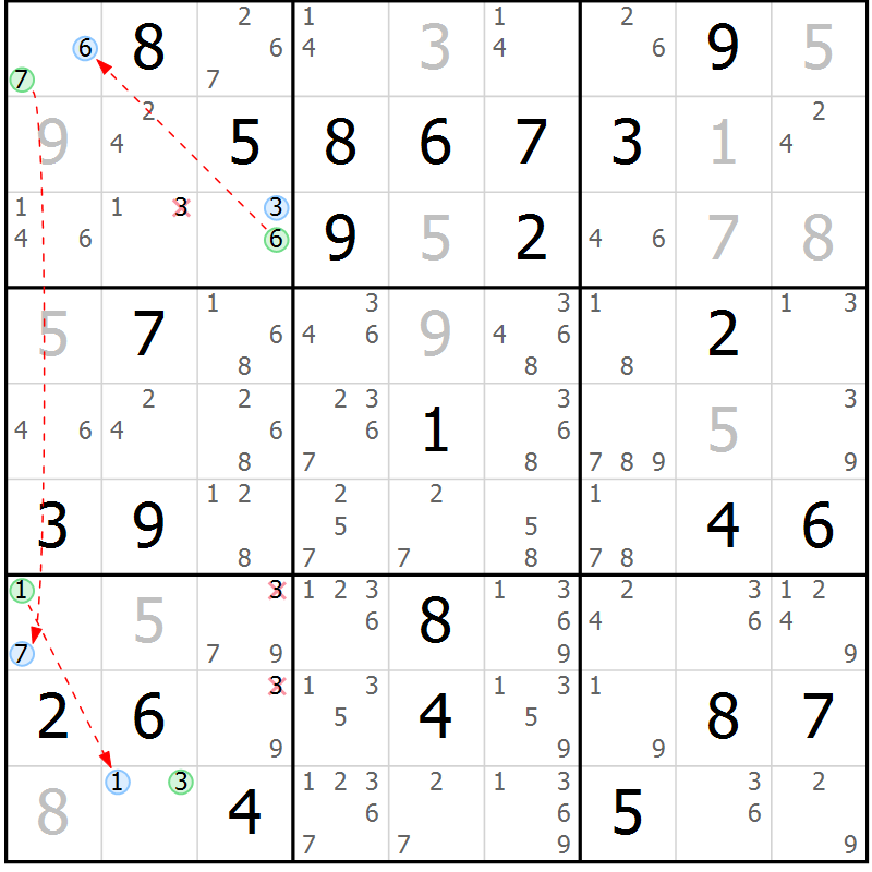 Position des candidats pour la solution de la Gr 79 page 82 du magazine de sudoku Virtuose n° 114