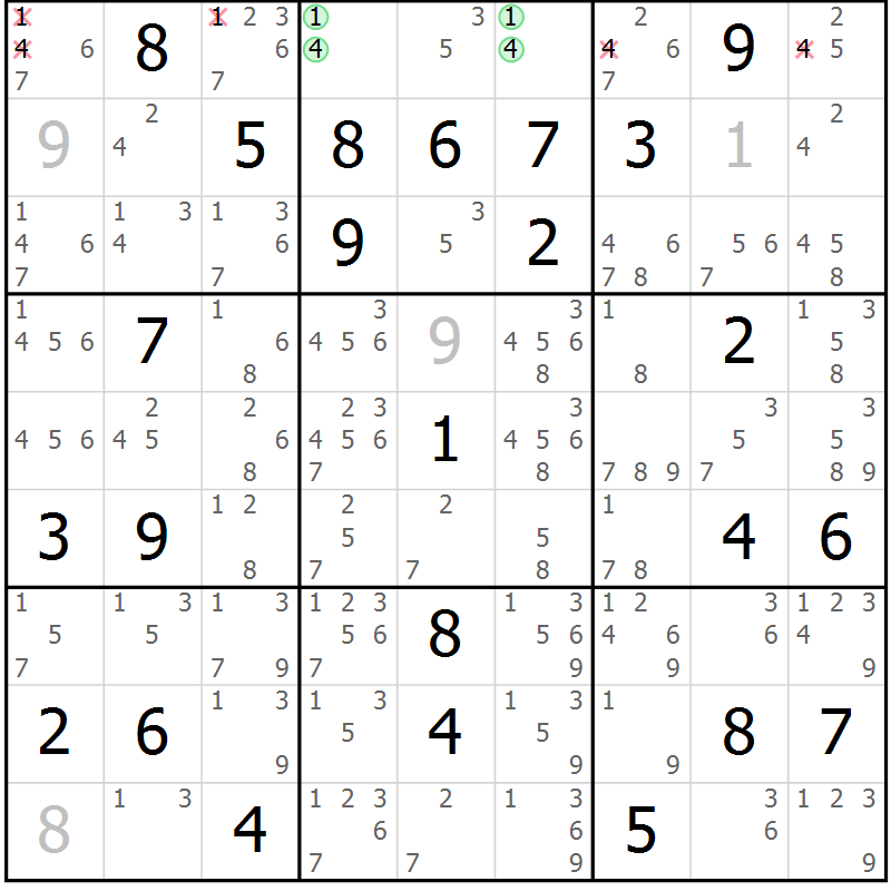 Position des candidats pour la solution de la Gr 79 page 82 du magazine de sudoku Virtuose n° 114