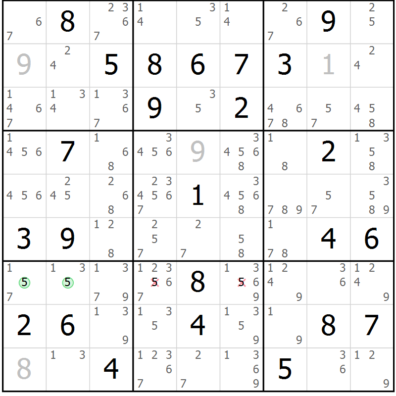 Position des candidats pour la solution de la Gr 79 page 82 du magazine de sudoku Virtuose n° 114