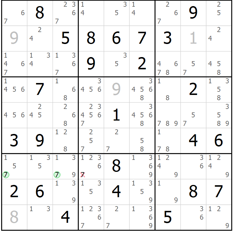 Position des candidats pour la solution de la Gr 79 page 82 du magazine de sudoku Virtuose n° 114