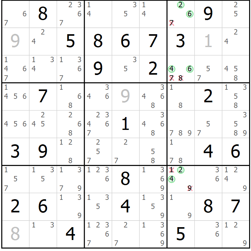 Position des candidats pour la solution de la Gr 79 page 82 du magazine de sudoku Virtuose n° 114