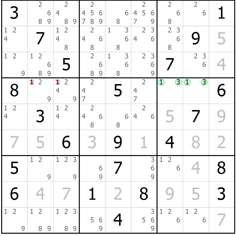 Position des candidats pour la solution de la Gr 8 page 11 du magazine de sudoku Virtuose n° 114