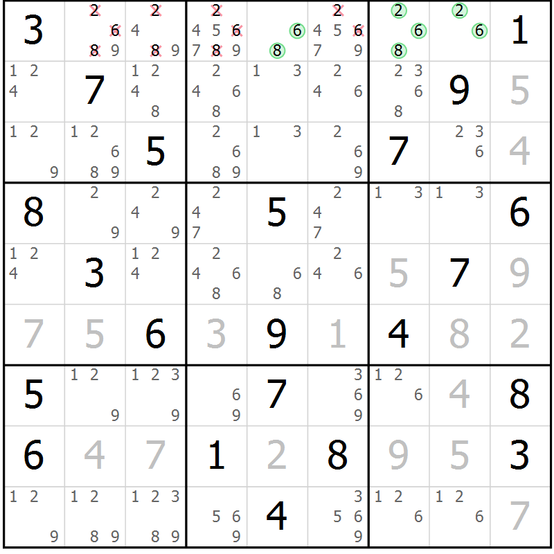 Position des candidats pour la solution de la Gr 8 page 11 du magazine de sudoku Virtuose n° 114