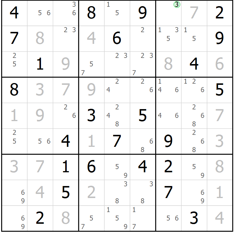 Position des candidats pour la solution de la Gr 81 page 84 du magazine de sudoku Virtuose n° 114