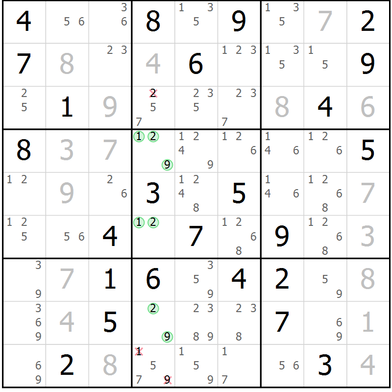 Position des candidats pour la solution de la Gr 81 page 84 du magazine de sudoku Virtuose n° 114