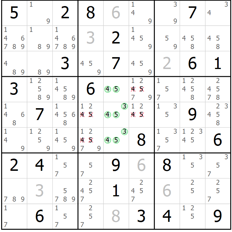 Position des candidats pour la solution de la Gr 82 page 85 du magazine de sudoku Virtuose n° 114