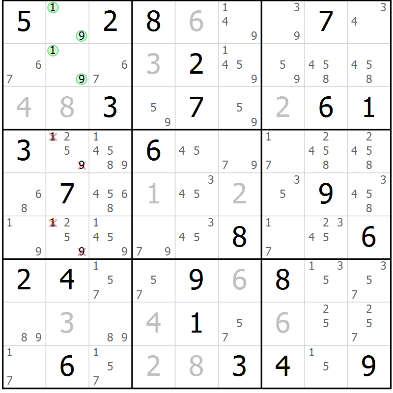 Position des candidats pour la solution de la Gr 82 page 85 du magazine de sudoku Virtuose n° 114