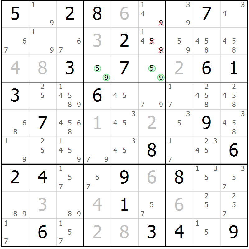 Position des candidats pour la solution de la Gr 82 page 85 du magazine de sudoku Virtuose n° 114