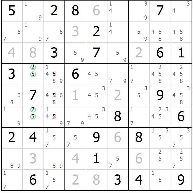 Position des candidats pour la solution de la Gr 82 page 85 du magazine de sudoku Virtuose n° 114
