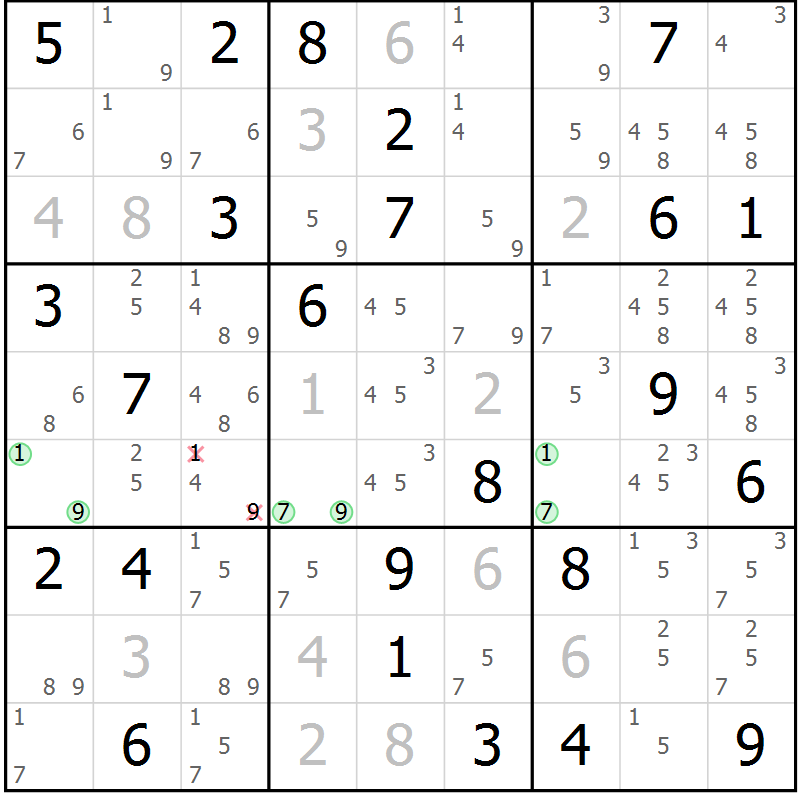 Position des candidats pour la solution de la Gr 82 page 85 du magazine de sudoku Virtuose n° 114