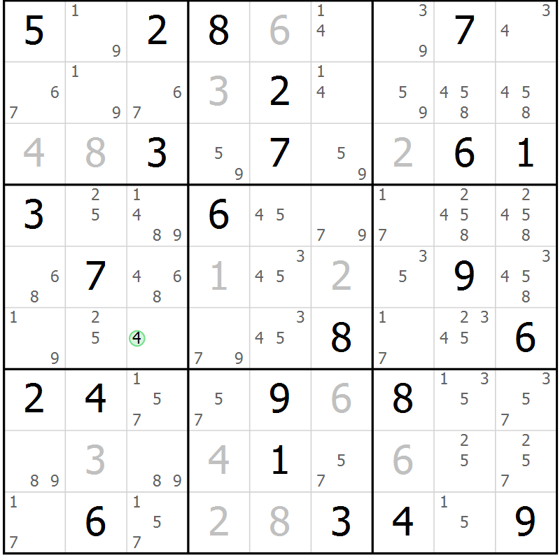 Position des candidats pour la solution de la Gr 82 page 85 du magazine de sudoku Virtuose n° 114