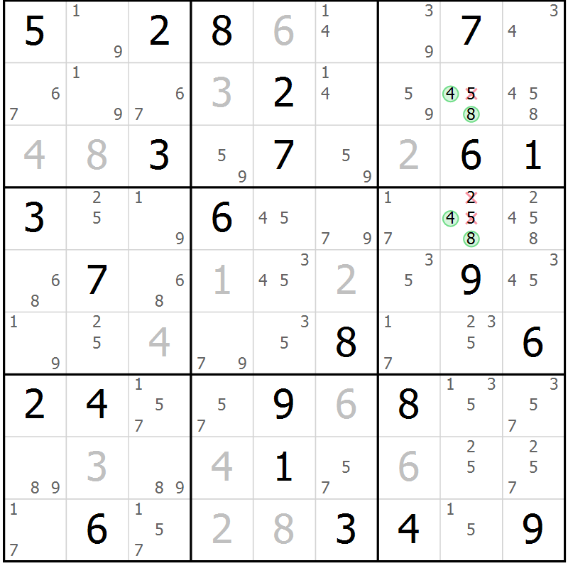 Position des candidats pour la solution de la Gr 82 page 85 du magazine de sudoku Virtuose n° 114