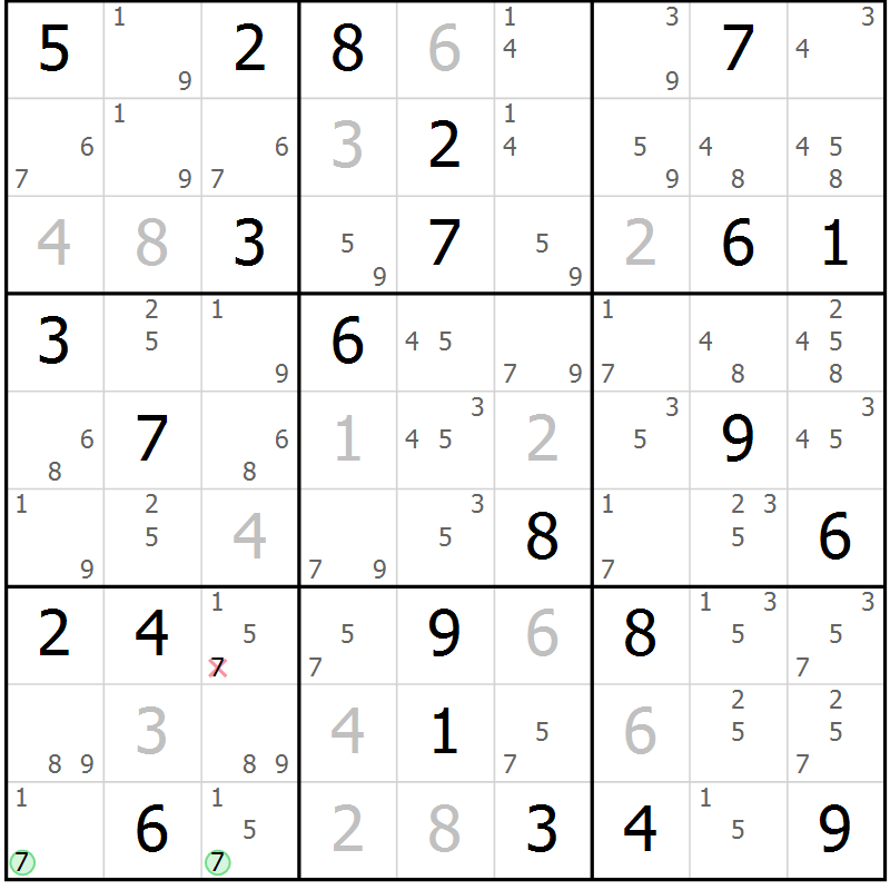 Position des candidats pour la solution de la Gr 82 page 85 du magazine de sudoku Virtuose n° 114
