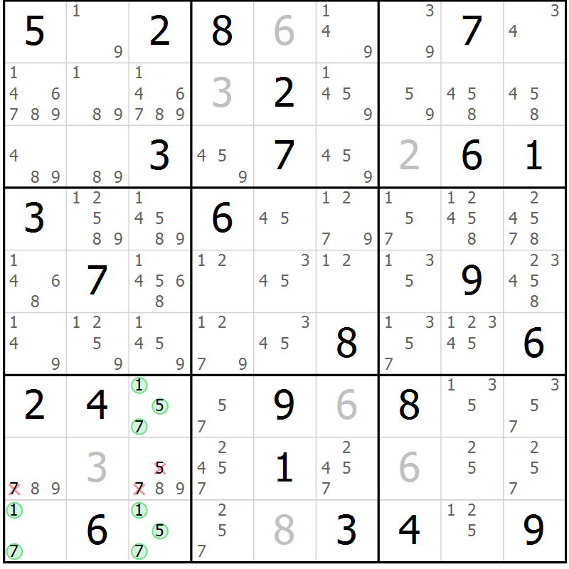 Position des candidats pour la solution de la Gr 82 page 85 du magazine de sudoku Virtuose n° 114