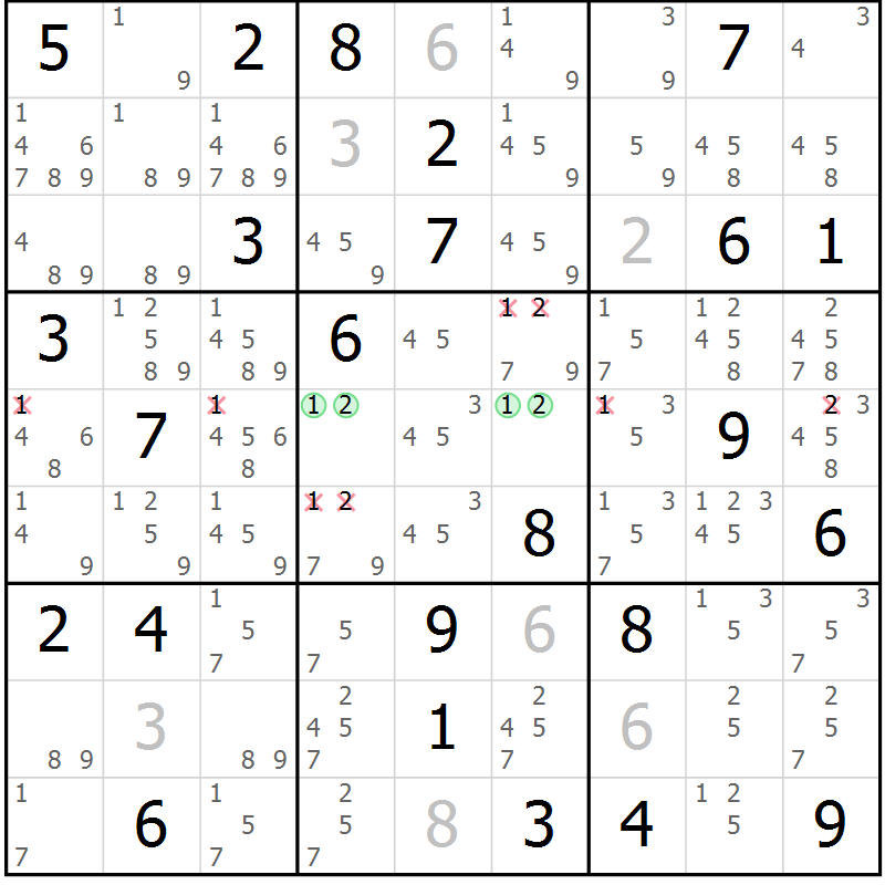 Position des candidats pour la solution de la Gr 82 page 85 du magazine de sudoku Virtuose n° 114