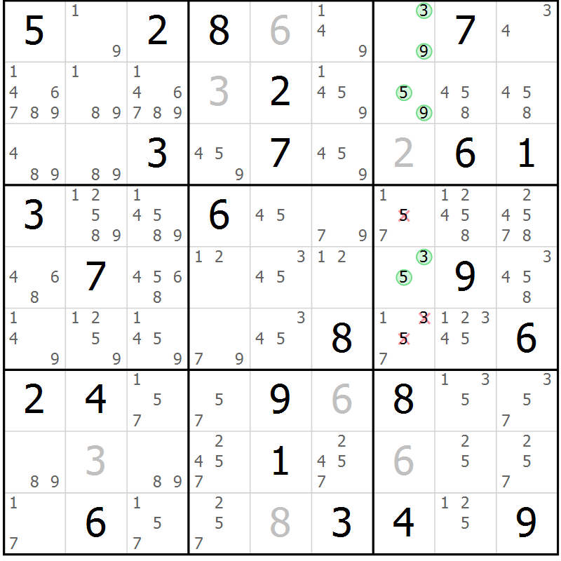 Position des candidats pour la solution de la Gr 82 page 85 du magazine de sudoku Virtuose n° 114