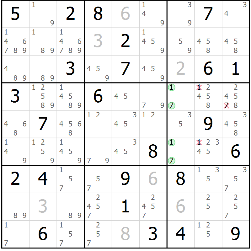 Position des candidats pour la solution de la Gr 82 page 85 du magazine de sudoku Virtuose n° 114
