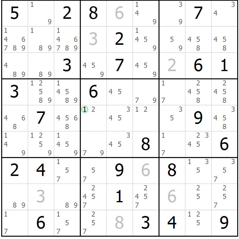 Position des candidats pour la solution de la Gr 82 page 85 du magazine de sudoku Virtuose n° 114