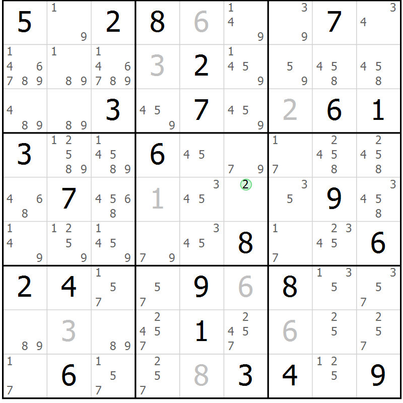 Position des candidats pour la solution de la Gr 82 page 85 du magazine de sudoku Virtuose n° 114
