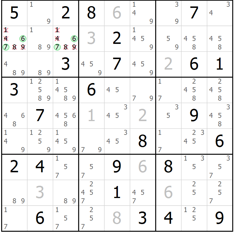 Position des candidats pour la solution de la Gr 82 page 85 du magazine de sudoku Virtuose n° 114