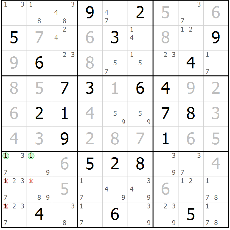 Position des candidats pour la solution de la Gr 83 page 86 du magazine de sudoku Virtuose n° 114