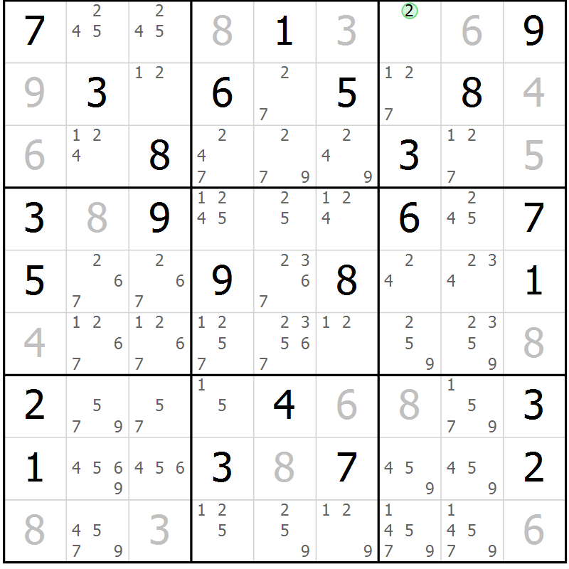 Position des candidats pour la solution de la Gr 84 page 87 du magazine de sudoku Virtuose n° 114