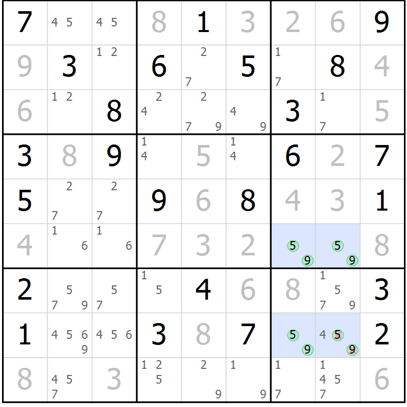 Position des candidats pour la solution de la Gr 84 page 87 du magazine de sudoku Virtuose n° 114