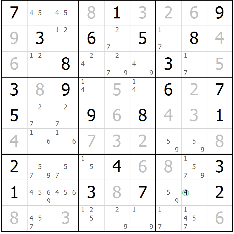 Position des candidats pour la solution de la Gr 84 page 87 du magazine de sudoku Virtuose n° 114