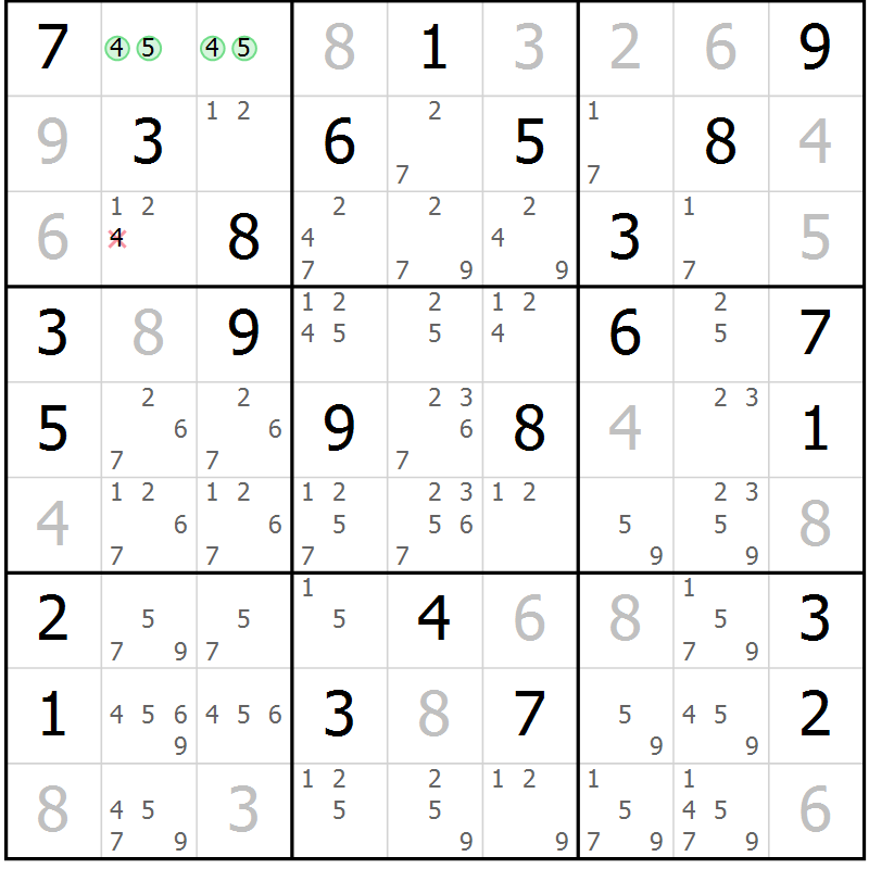 Position des candidats pour la solution de la Gr 84 page 87 du magazine de sudoku Virtuose n° 114